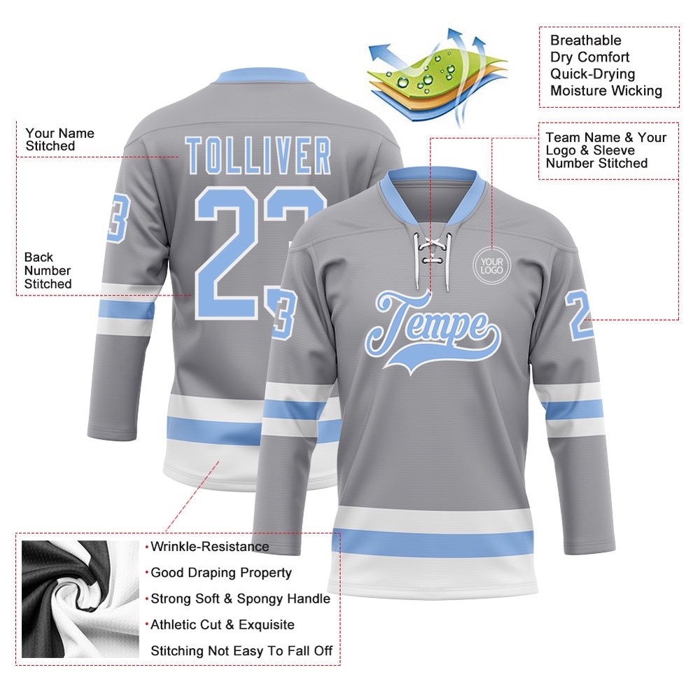 Custom Gray Light Blue White Hockey Lace Neck Jersey, New Hockey Jersey, Personali Sport Team Jersey Shirt Custom Gray Light Blue White Hockey Lace Neck Jersey, New Hockey Jersey, Personali Sport Team Jersey Shirt