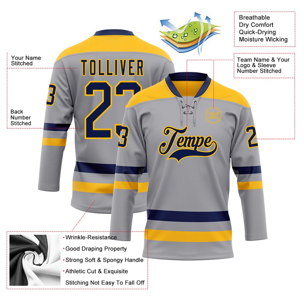 Custom Gray Navy Gold Hockey Lace Neck Jersey, New Hockey Jersey, Personali Sport Team Jersey Shirt Custom Gray Navy Gold Hockey Lace Neck Jersey, New Hockey Jersey, Personali Sport Team Jersey Shirt