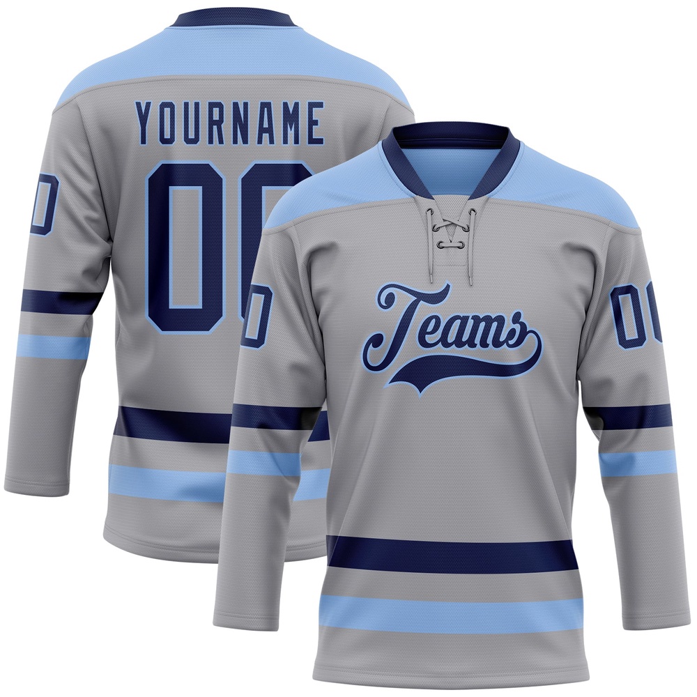 Custom Gray Navy Light Blue Hockey Lace Neck Jersey, New Hockey Jersey, Personali Sport Team Jersey Shirt Custom Gray Navy Light Blue Hockey Lace Neck Jersey, New Hockey Jersey, Personali Sport Team Jersey Shirt