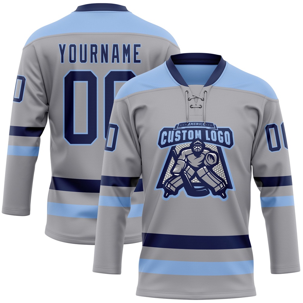 Custom Gray Navy Light Blue Hockey Lace Neck Jersey, New Hockey Jersey, Personali Sport Team Jersey Shirt Custom Gray Navy Light Blue Hockey Lace Neck Jersey, New Hockey Jersey, Personali Sport Team Jersey Shirt