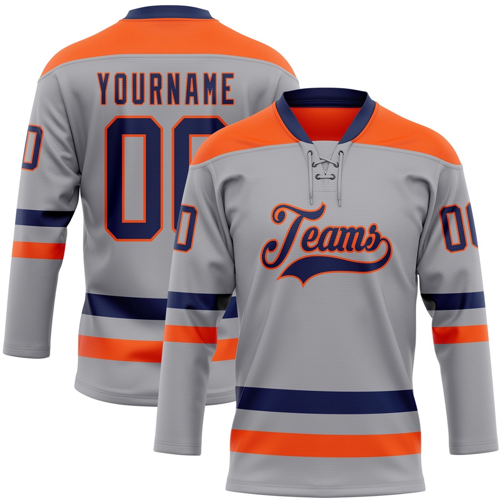 Custom Gray Navy Orange Hockey Lace Neck Jersey, New Hockey Jersey, Personali Sport Team Jersey Shirt Custom Gray Navy Orange Hockey Lace Neck Jersey, New Hockey Jersey, Personali Sport Team Jersey Shirt