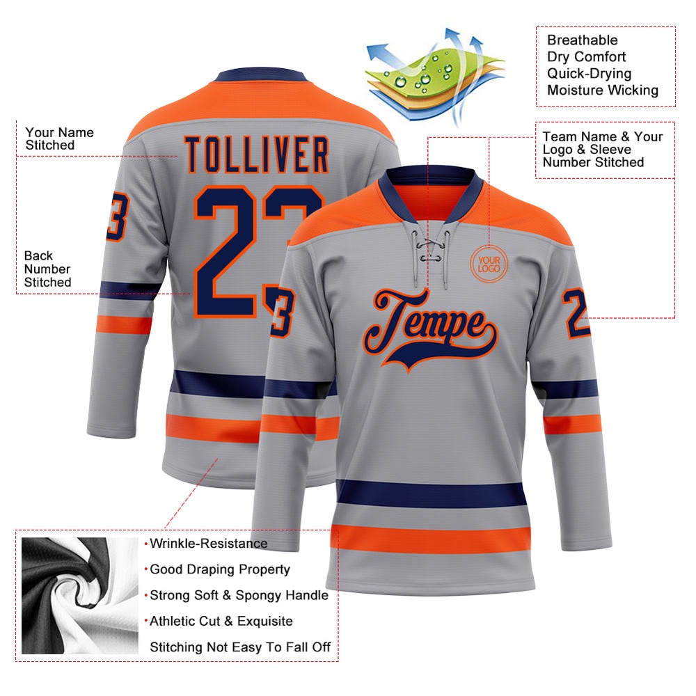 Custom Gray Navy Orange Hockey Lace Neck Jersey, New Hockey Jersey, Personali Sport Team Jersey Shirt Custom Gray Navy Orange Hockey Lace Neck Jersey, New Hockey Jersey, Personali Sport Team Jersey Shirt