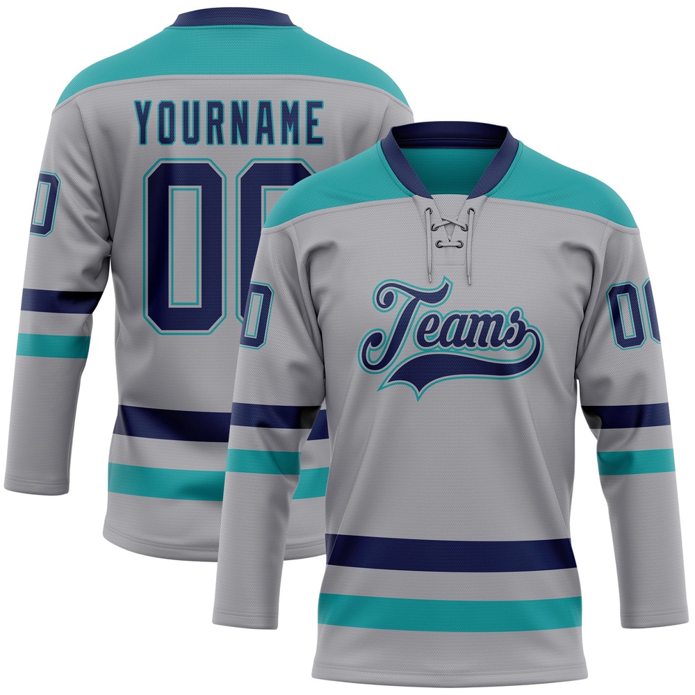Custom Gray Navy Teal Hockey Lace Neck Jersey, New Hockey Jersey, Personali Sport Team Jersey Shirt Custom Gray Navy Teal Hockey Lace Neck Jersey, New Hockey Jersey, Personali Sport Team Jersey Shirt