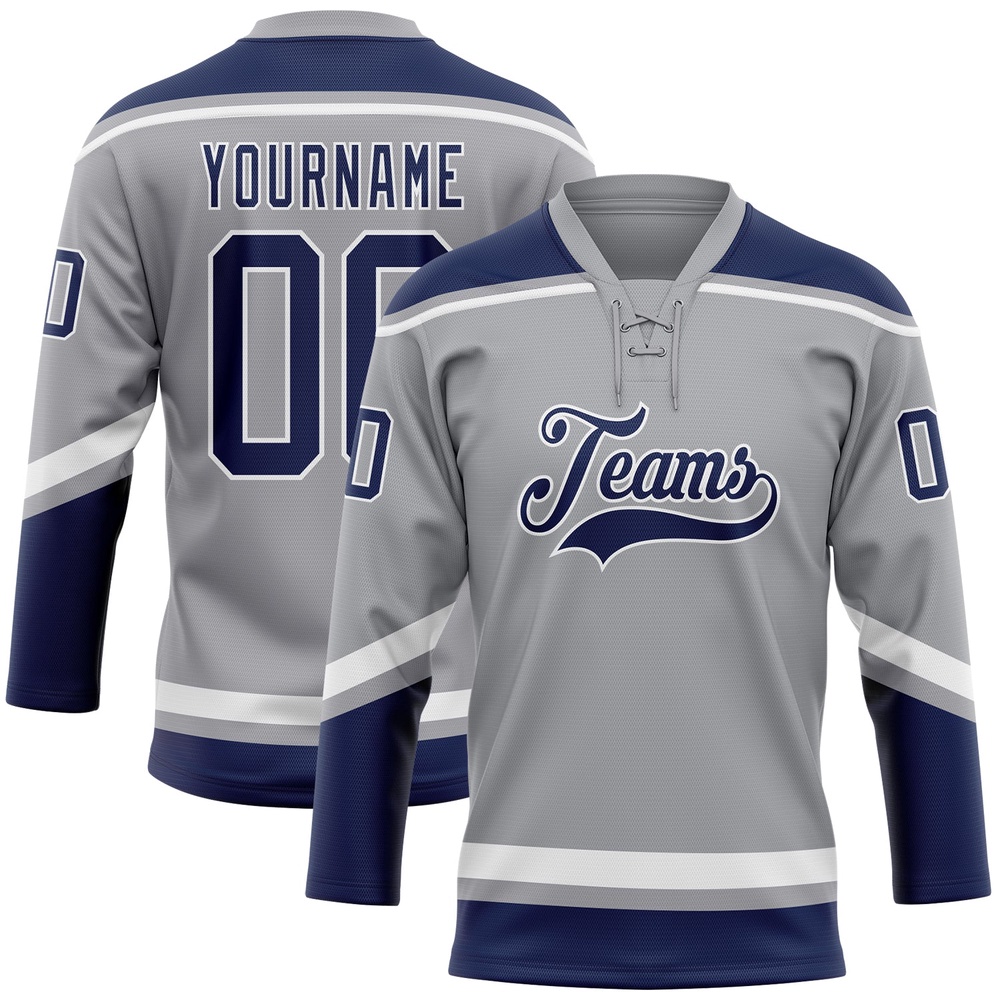 Custom Gray Navy White Hockey Lace Neck Jersey, New Hockey Jersey, Personali Sport Team Jersey Shirt Custom Gray Navy White Hockey Lace Neck Jersey, New Hockey Jersey, Personali Sport Team Jersey Shirt