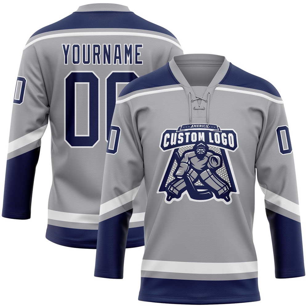 Custom Gray Navy White Hockey Lace Neck Jersey, New Hockey Jersey, Personali Sport Team Jersey Shirt Custom Gray Navy White Hockey Lace Neck Jersey, New Hockey Jersey, Personali Sport Team Jersey Shirt