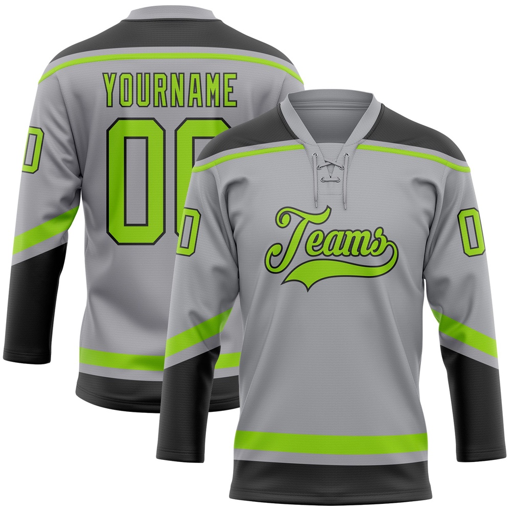 Custom Gray Neon Green Black Hockey Lace Neck Jersey, New Hockey Jersey, Personali Sport Team Jersey Shirt Custom Gray Neon Green Black Hockey Lace Neck Jersey, New Hockey Jersey, Personali Sport Team Jersey Shirt