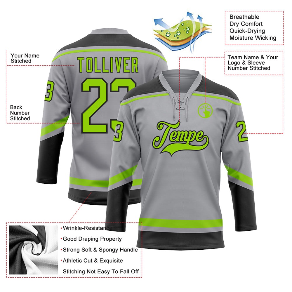 Custom Gray Neon Green Black Hockey Lace Neck Jersey, New Hockey Jersey, Personali Sport Team Jersey Shirt Custom Gray Neon Green Black Hockey Lace Neck Jersey, New Hockey Jersey, Personali Sport Team Jersey Shirt
