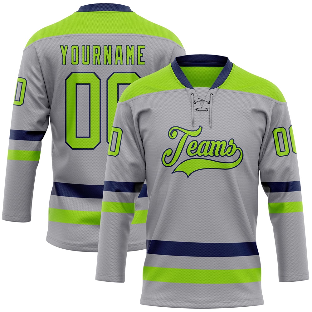 Custom Gray Neon Green Navy Hockey Lace Neck Jersey, New Hockey Jersey, Personali Sport Team Jersey Shirt Custom Gray Neon Green Navy Hockey Lace Neck Jersey, New Hockey Jersey, Personali Sport Team Jersey Shirt