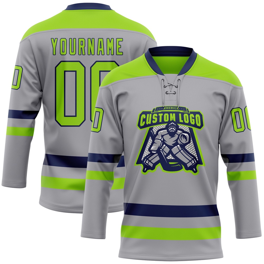 Custom Gray Neon Green Navy Hockey Lace Neck Jersey, New Hockey Jersey, Personali Sport Team Jersey Shirt Custom Gray Neon Green Navy Hockey Lace Neck Jersey, New Hockey Jersey, Personali Sport Team Jersey Shirt