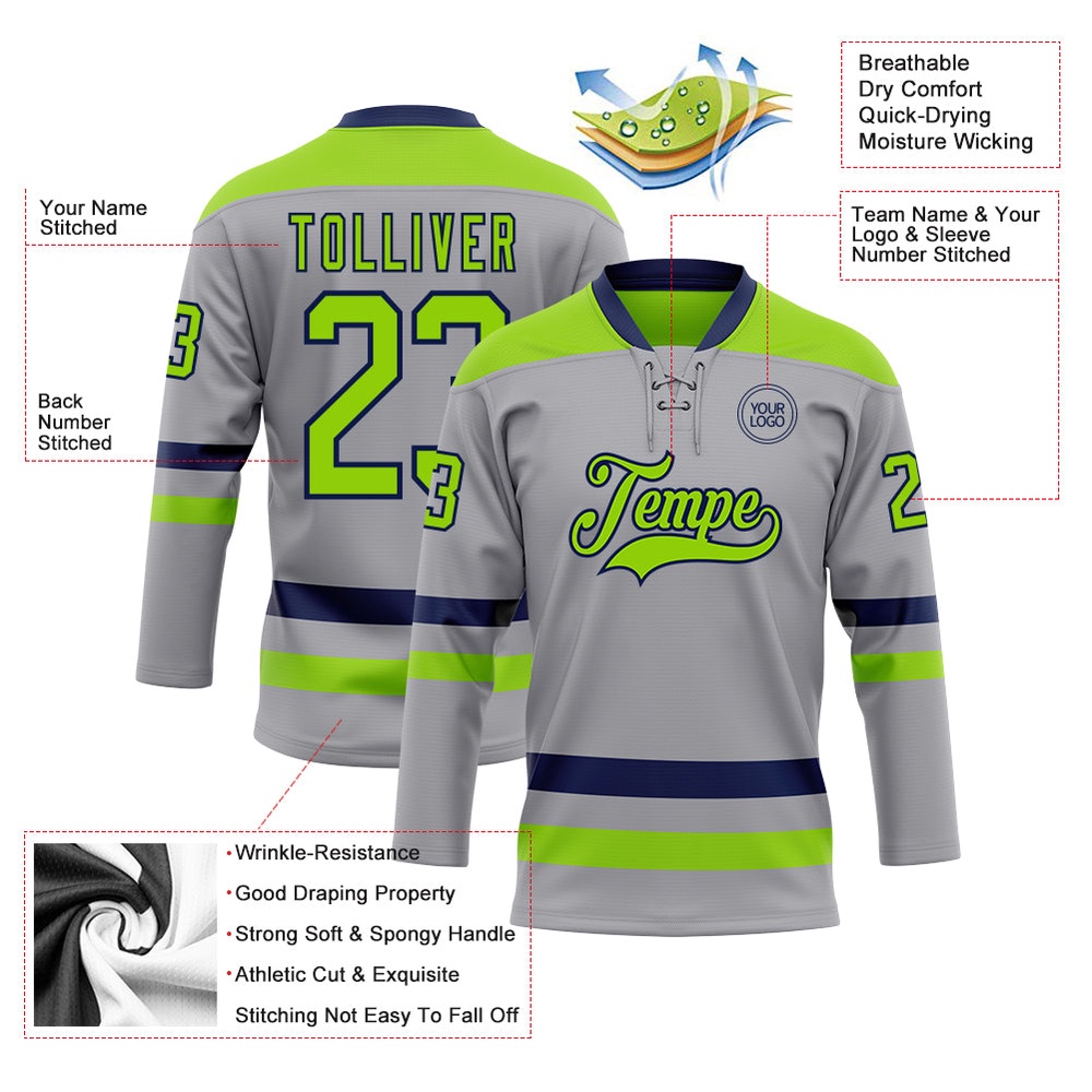 Custom Gray Neon Green Navy Hockey Lace Neck Jersey, New Hockey Jersey, Personali Sport Team Jersey Shirt Custom Gray Neon Green Navy Hockey Lace Neck Jersey, New Hockey Jersey, Personali Sport Team Jersey Shirt