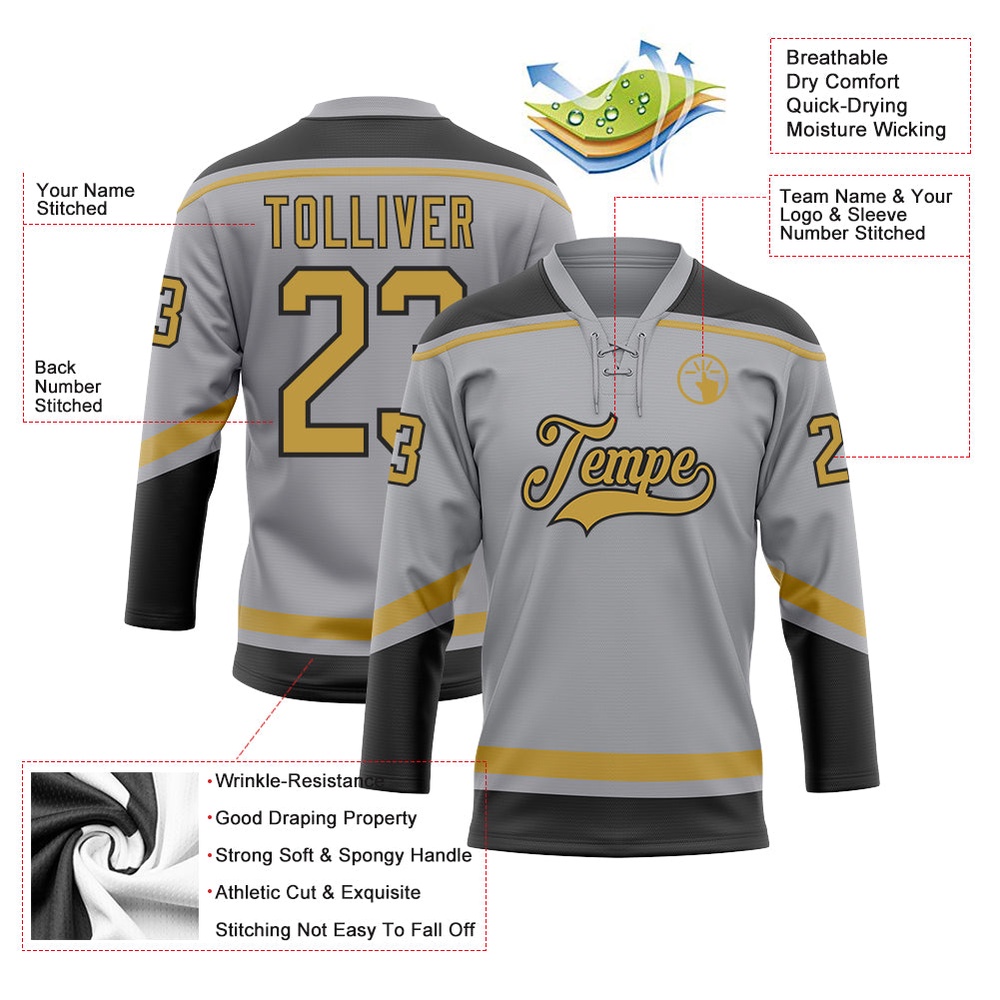 Custom Gray Old Gold Black Hockey Lace Neck Jersey, New Hockey Jersey, Personali Sport Team Jersey Shirt Custom Gray Old Gold Black Hockey Lace Neck Jersey, New Hockey Jersey, Personali Sport Team Jersey Shirt