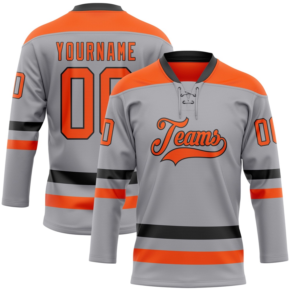Custom Gray Orange Black Hockey Lace Neck Jersey, New Hockey Jersey, Personali Sport Team Jersey Shirt Custom Gray Orange Black Hockey Lace Neck Jersey, New Hockey Jersey, Personali Sport Team Jersey Shirt