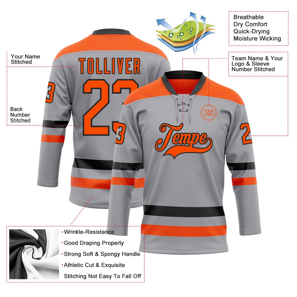 Custom Gray Orange Black Hockey Lace Neck Jersey, New Hockey Jersey, Personali Sport Team Jersey Shirt Custom Gray Orange Black Hockey Lace Neck Jersey, New Hockey Jersey, Personali Sport Team Jersey Shirt