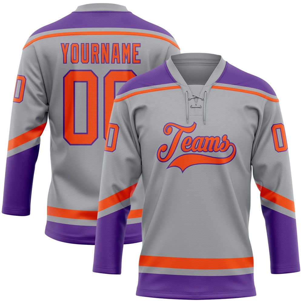 Custom Gray Orange Purple Hockey Lace Neck Jersey, New Hockey Jersey, Personali Sport Team Jersey Shirt Custom Gray Orange Purple Hockey Lace Neck Jersey, New Hockey Jersey, Personali Sport Team Jersey Shirt