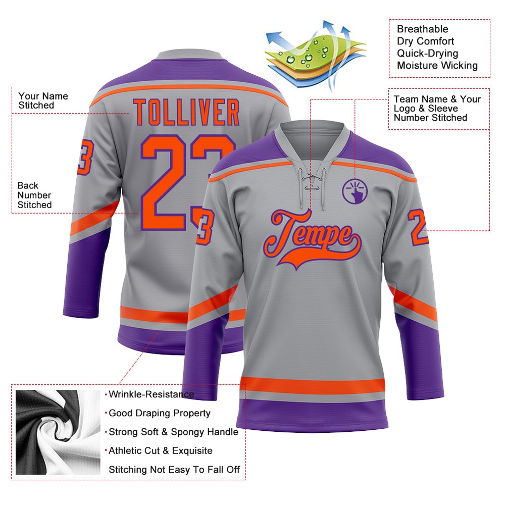 Custom Gray Orange Purple Hockey Lace Neck Jersey, New Hockey Jersey, Personali Sport Team Jersey Shirt Custom Gray Orange Purple Hockey Lace Neck Jersey, New Hockey Jersey, Personali Sport Team Jersey Shirt