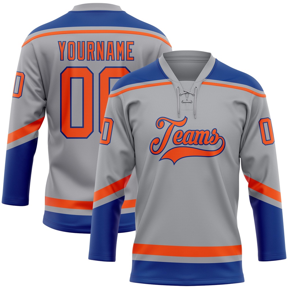 Custom Gray Orange Royal Hockey Lace Neck Jersey, New Hockey Jersey, Personali Sport Team Jersey Shirt Custom Gray Orange Royal Hockey Lace Neck Jersey, New Hockey Jersey, Personali Sport Team Jersey Shirt