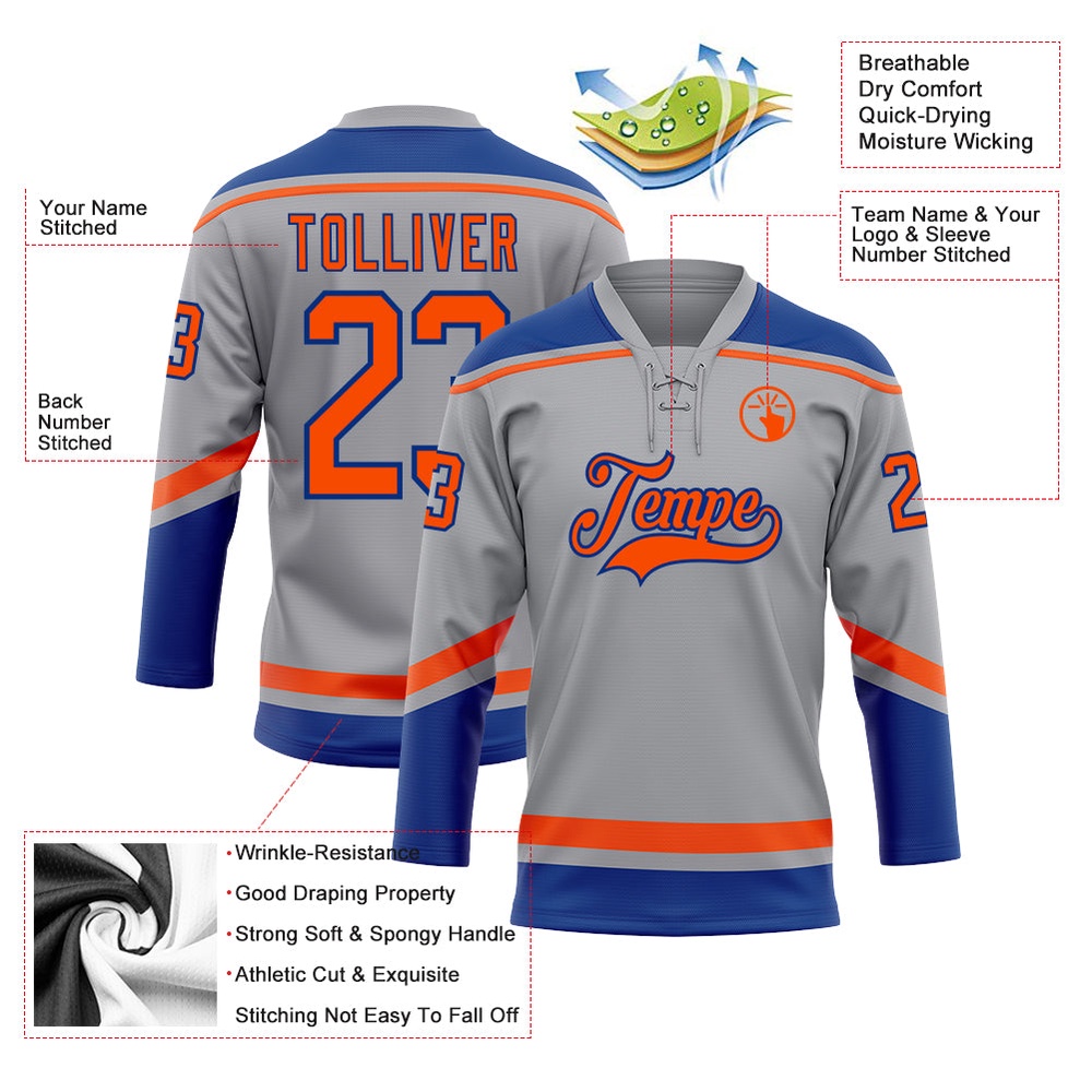 Custom Gray Orange Royal Hockey Lace Neck Jersey, New Hockey Jersey, Personali Sport Team Jersey Shirt Custom Gray Orange Royal Hockey Lace Neck Jersey, New Hockey Jersey, Personali Sport Team Jersey Shirt