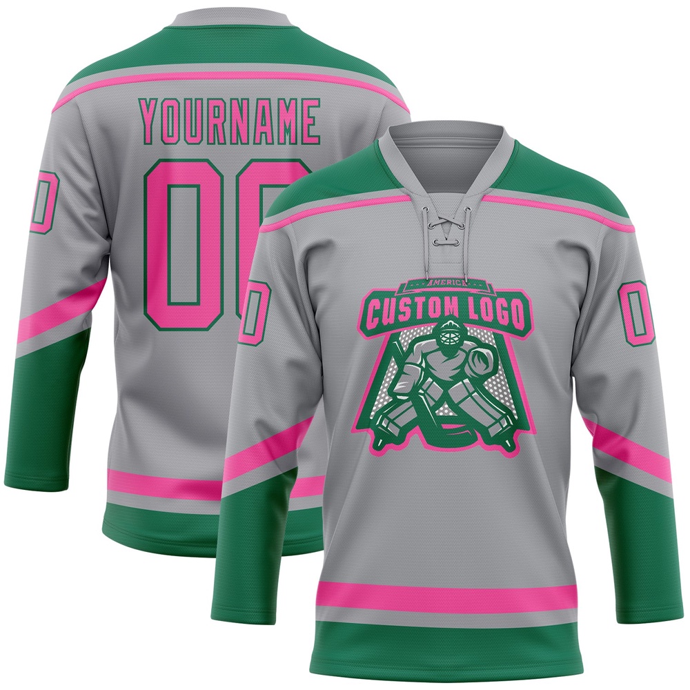 Custom Gray Pink Kelly Green Hockey Lace Neck Jersey, New Hockey Jersey, Personali Sport Team Jersey Shirt Custom Gray Pink Kelly Green Hockey Lace Neck Jersey, New Hockey Jersey, Personali Sport Team Jersey Shirt