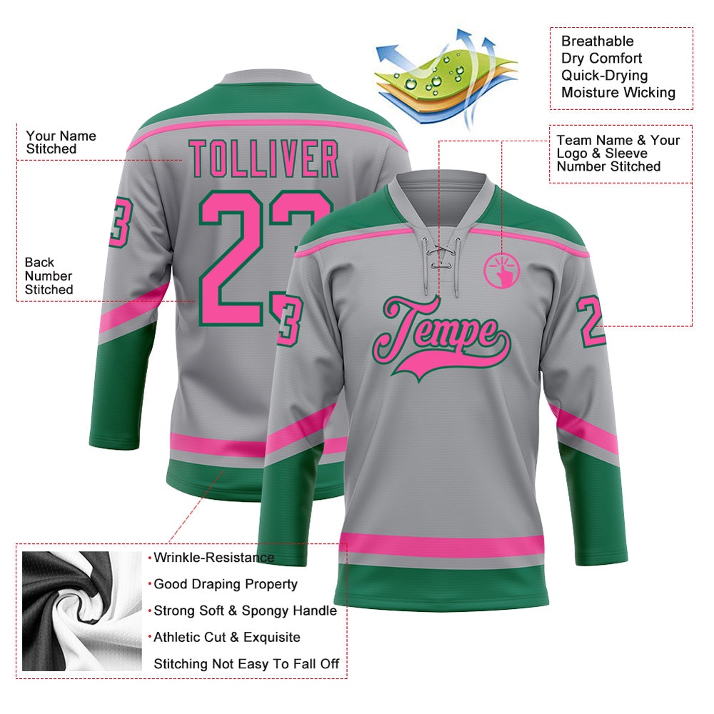 Custom Gray Pink Kelly Green Hockey Lace Neck Jersey, New Hockey Jersey, Personali Sport Team Jersey Shirt Custom Gray Pink Kelly Green Hockey Lace Neck Jersey, New Hockey Jersey, Personali Sport Team Jersey Shirt