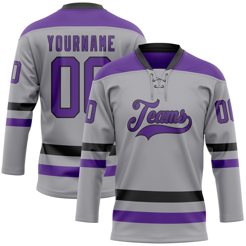 Custom Gray Purple Black Hockey Lace Neck Jersey, New Hockey Jersey, Personali Sport Team Jersey Shirt Custom Gray Purple Black Hockey Lace Neck Jersey, New Hockey Jersey, Personali Sport Team Jersey Shirt