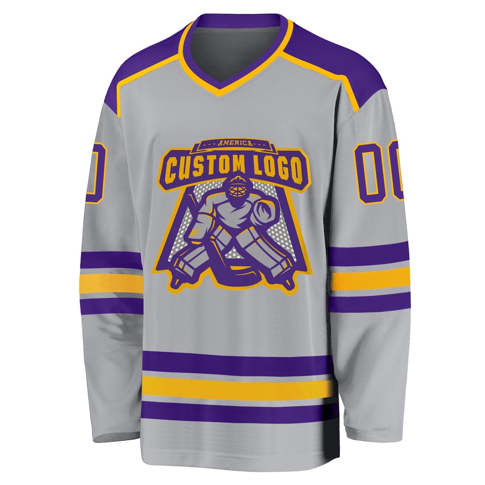 Custom Gray Purple Gold Hockey Jersey, New Hockey Jersey, Personali Sport Team Jersey Shirt Custom Gray Purple Gold Hockey Jersey, New Hockey Jersey, Personali Sport Team Jersey Shirt