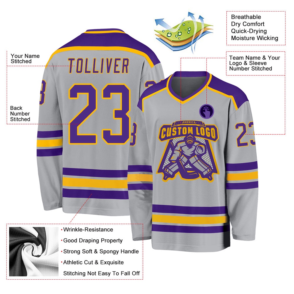 Custom Gray Purple Gold Hockey Jersey, New Hockey Jersey, Personali Sport Team Jersey Shirt Custom Gray Purple Gold Hockey Jersey, New Hockey Jersey, Personali Sport Team Jersey Shirt