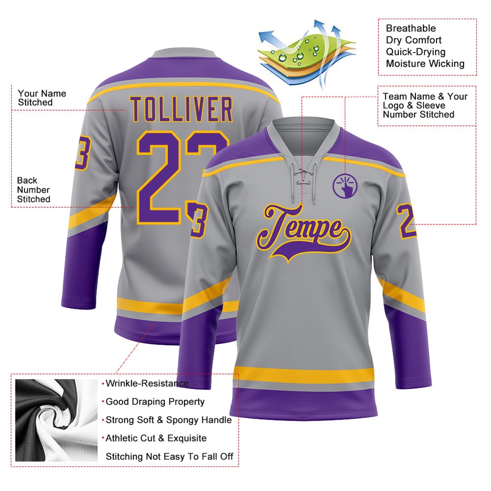 Custom Gray Purple Gold Hockey Lace Neck Jersey, New Hockey Jersey, Personali Sport Team Jersey Shirt Custom Gray Purple Gold Hockey Lace Neck Jersey, New Hockey Jersey, Personali Sport Team Jersey Shirt