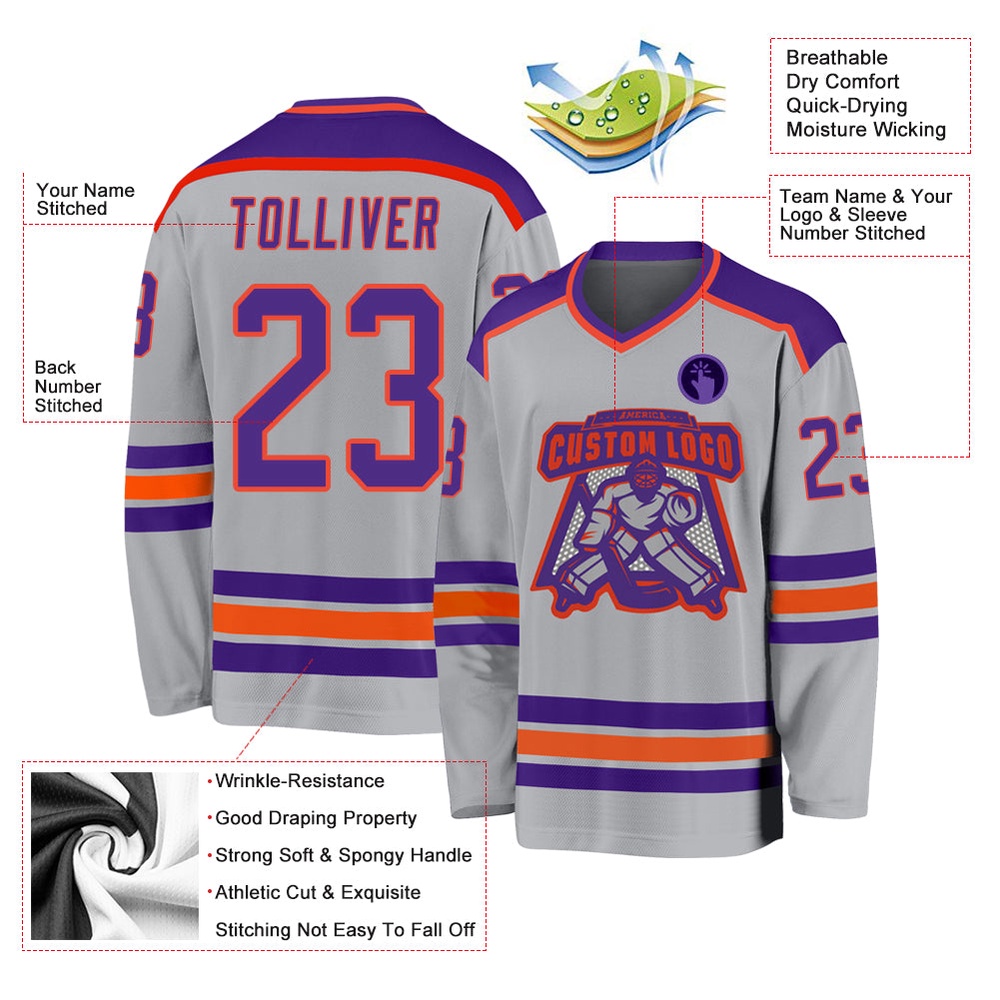 Custom Gray Purple Orange Hockey Jersey, New Hockey Jersey, Personali Sport Team Jersey Shirt Custom Gray Purple Orange Hockey Jersey, New Hockey Jersey, Personali Sport Team Jersey Shirt