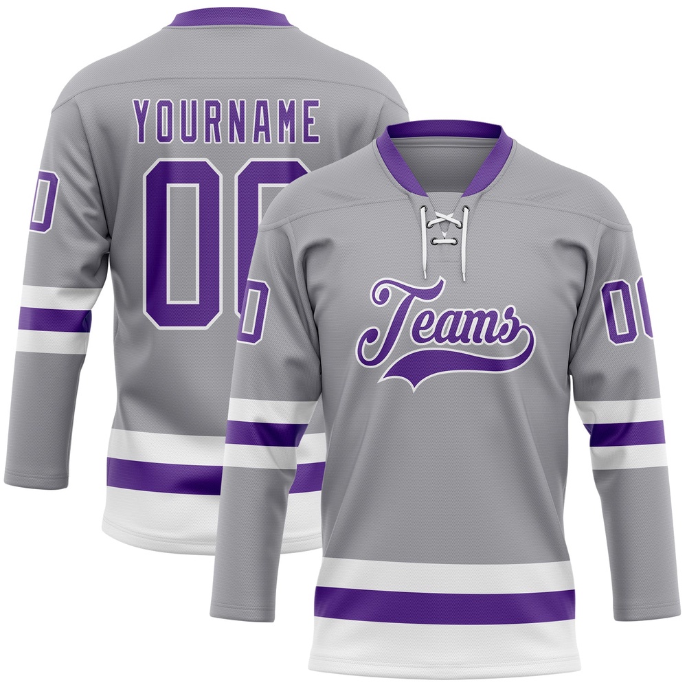 Custom Gray Purple White Hockey Lace Neck Jersey, New Hockey Jersey, Personali Sport Team Jersey Shirt Custom Gray Purple White Hockey Lace Neck Jersey, New Hockey Jersey, Personali Sport Team Jersey Shirt
