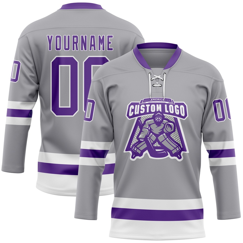 Custom Gray Purple White Hockey Lace Neck Jersey, New Hockey Jersey, Personali Sport Team Jersey Shirt Custom Gray Purple White Hockey Lace Neck Jersey, New Hockey Jersey, Personali Sport Team Jersey Shirt