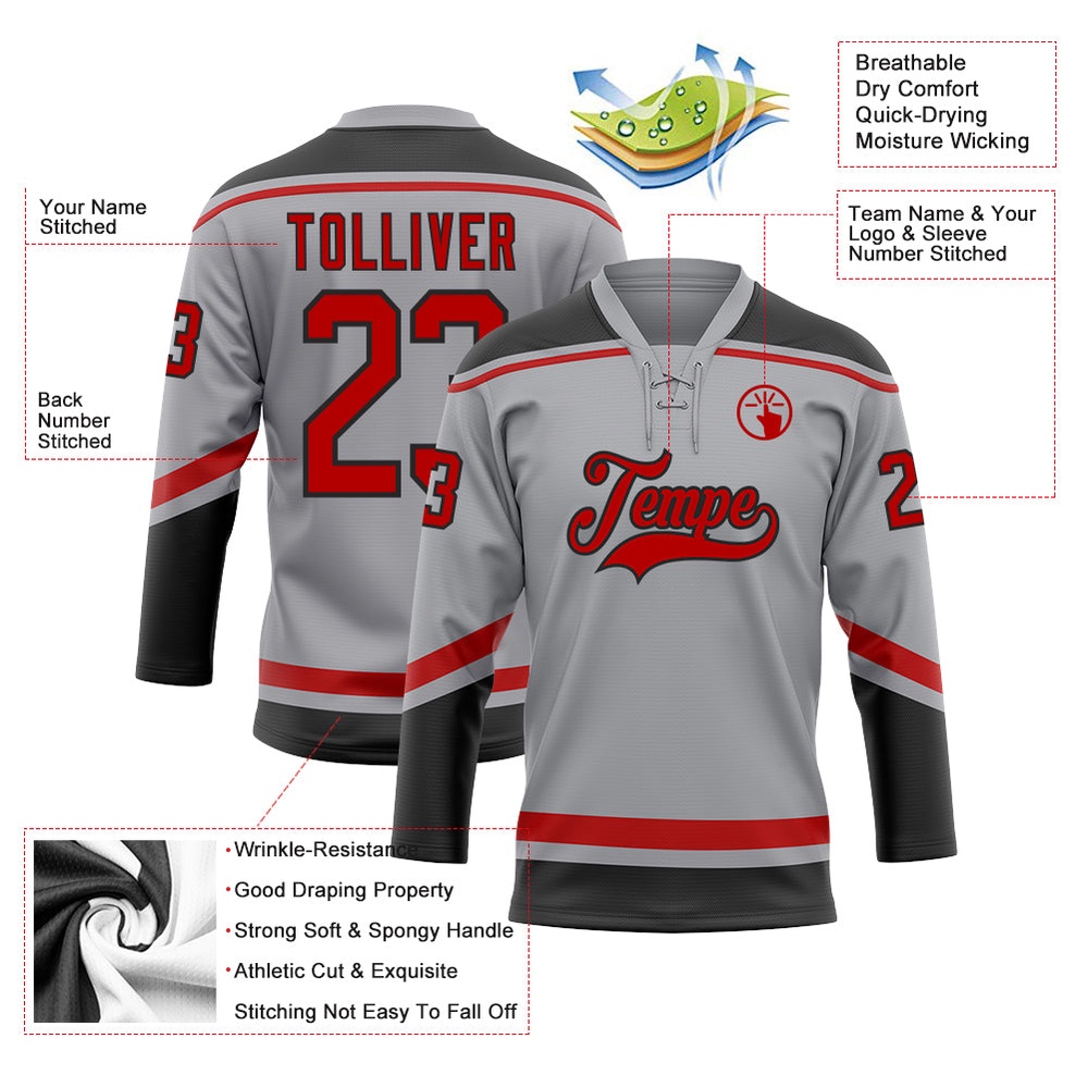 Custom Gray Red Black Hockey Lace Neck Jersey, New Hockey Jersey, Personali Sport Team Jersey Shirt Custom Gray Red Black Hockey Lace Neck Jersey, New Hockey Jersey, Personali Sport Team Jersey Shirt