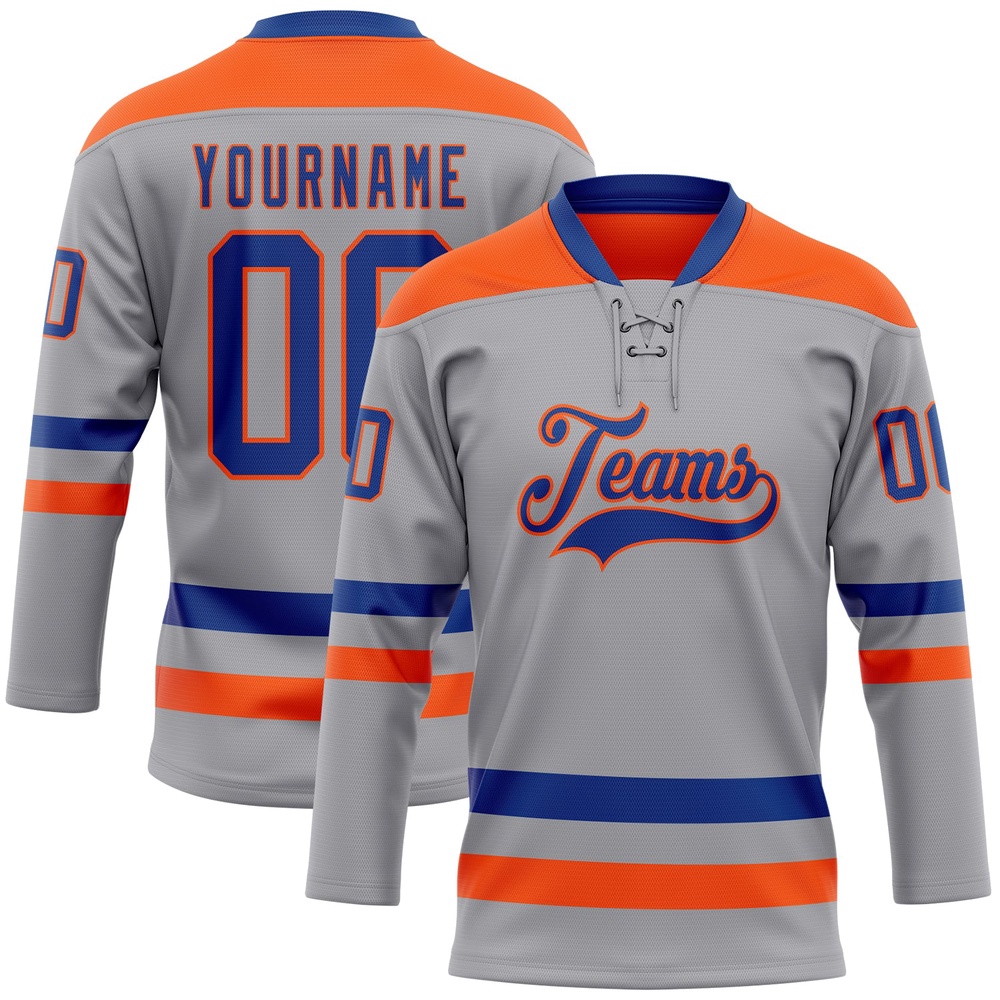 Custom Gray Royal Orange Hockey Lace Neck Jersey, New Hockey Jersey, Personali Sport Team Jersey Shirt Custom Gray Royal Orange Hockey Lace Neck Jersey, New Hockey Jersey, Personali Sport Team Jersey Shirt