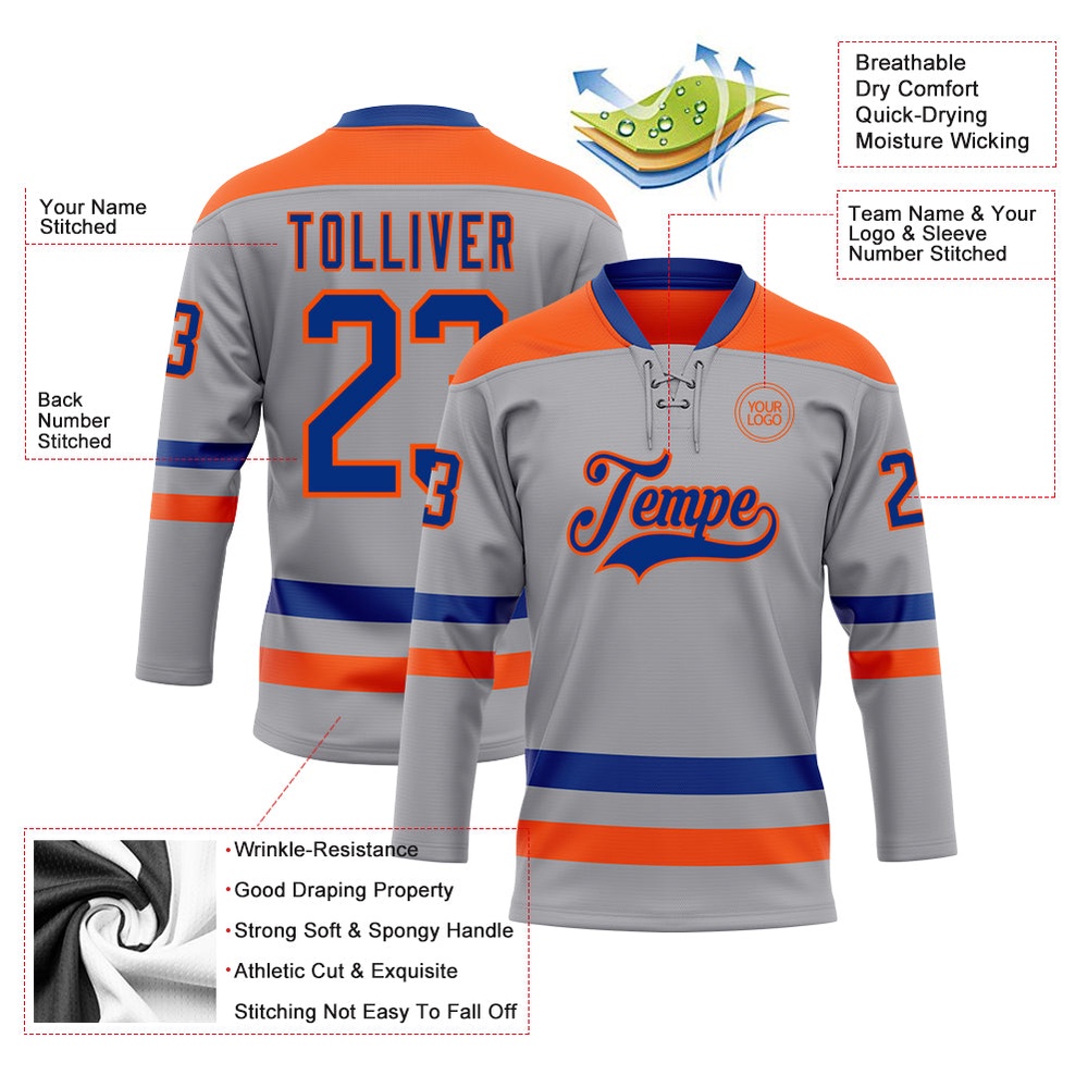 Custom Gray Royal Orange Hockey Lace Neck Jersey, New Hockey Jersey, Personali Sport Team Jersey Shirt Custom Gray Royal Orange Hockey Lace Neck Jersey, New Hockey Jersey, Personali Sport Team Jersey Shirt