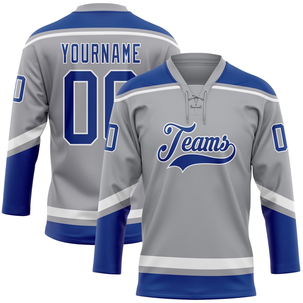 Custom Gray Royal White Hockey Lace Neck Jersey, New Hockey Jersey, Personali Sport Team Jersey Shirt Custom Gray Royal White Hockey Lace Neck Jersey, New Hockey Jersey, Personali Sport Team Jersey Shirt
