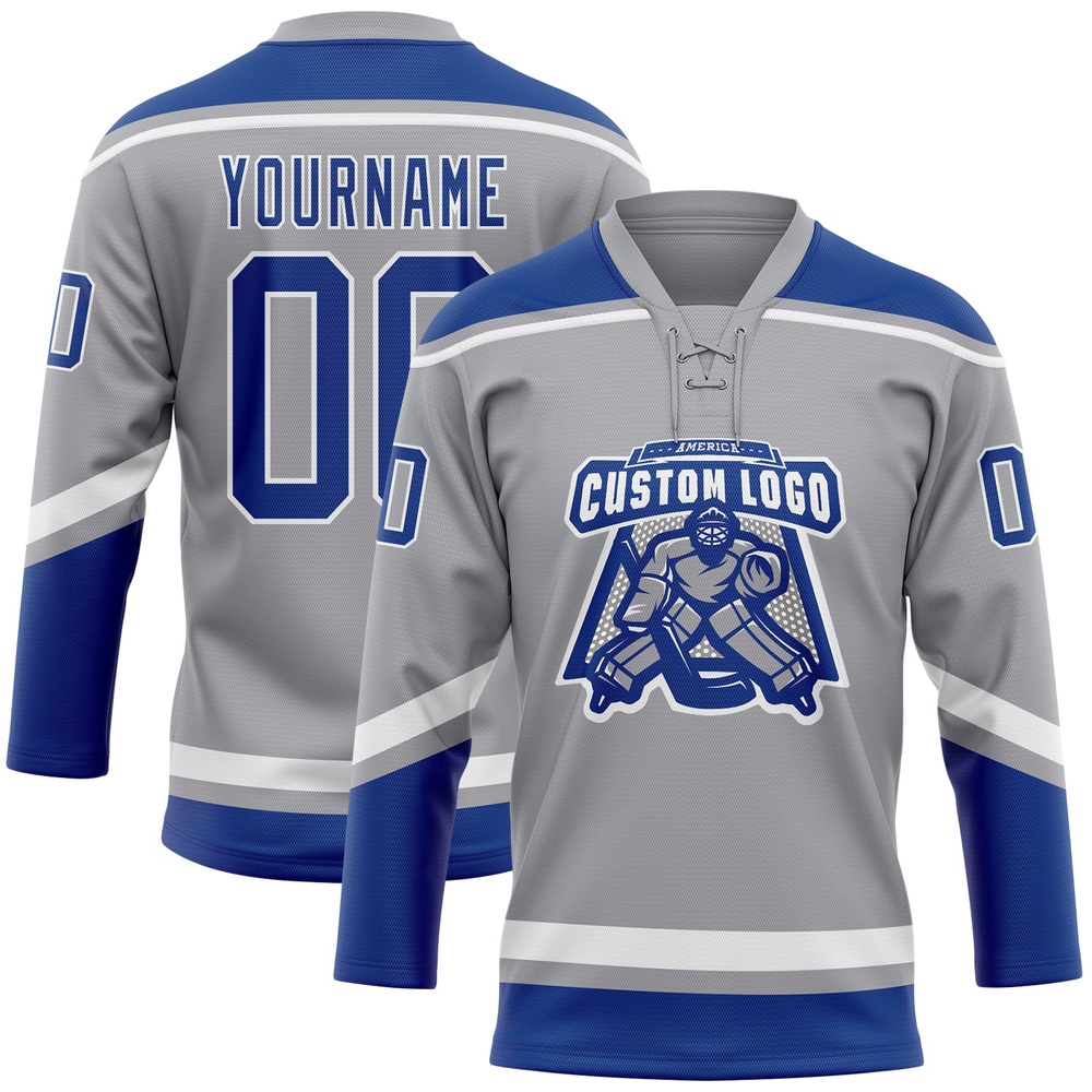 Custom Gray Royal White Hockey Lace Neck Jersey, New Hockey Jersey, Personali Sport Team Jersey Shirt Custom Gray Royal White Hockey Lace Neck Jersey, New Hockey Jersey, Personali Sport Team Jersey Shirt