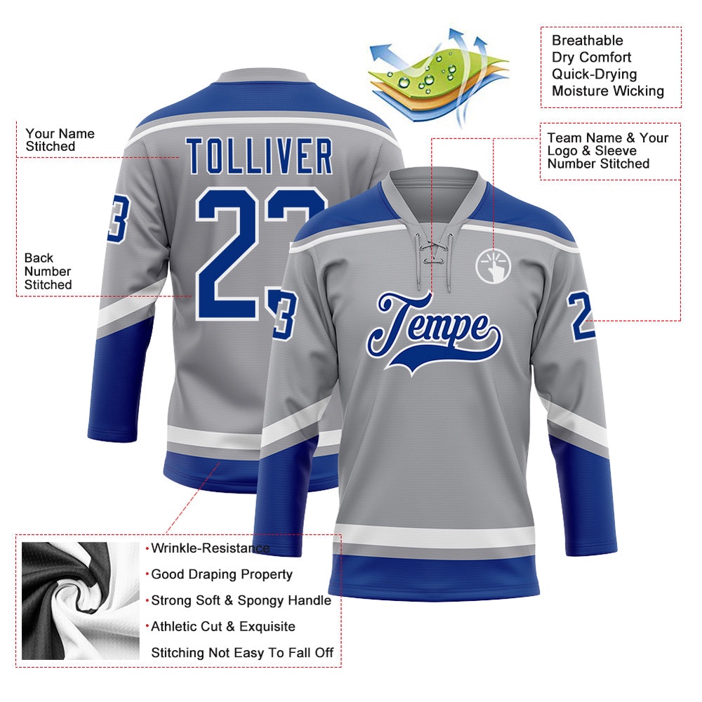 Custom Gray Royal White Hockey Lace Neck Jersey, New Hockey Jersey, Personali Sport Team Jersey Shirt Custom Gray Royal White Hockey Lace Neck Jersey, New Hockey Jersey, Personali Sport Team Jersey Shirt