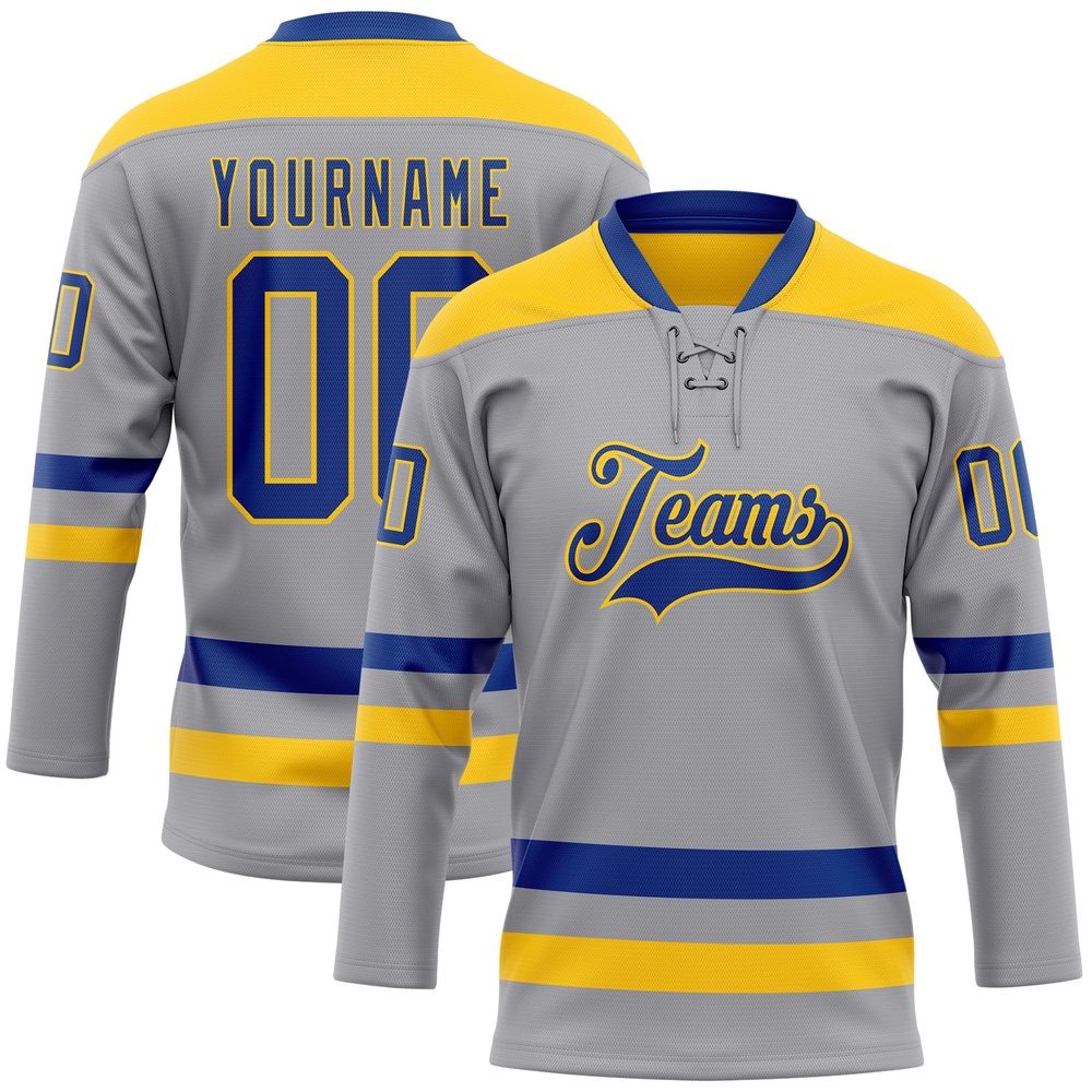 Custom Gray Royal Yellow Hockey Lace Neck Jersey, New Hockey Jersey, Personali Sport Team Jersey Shirt Custom Gray Royal Yellow Hockey Lace Neck Jersey, New Hockey Jersey, Personali Sport Team Jersey Shirt