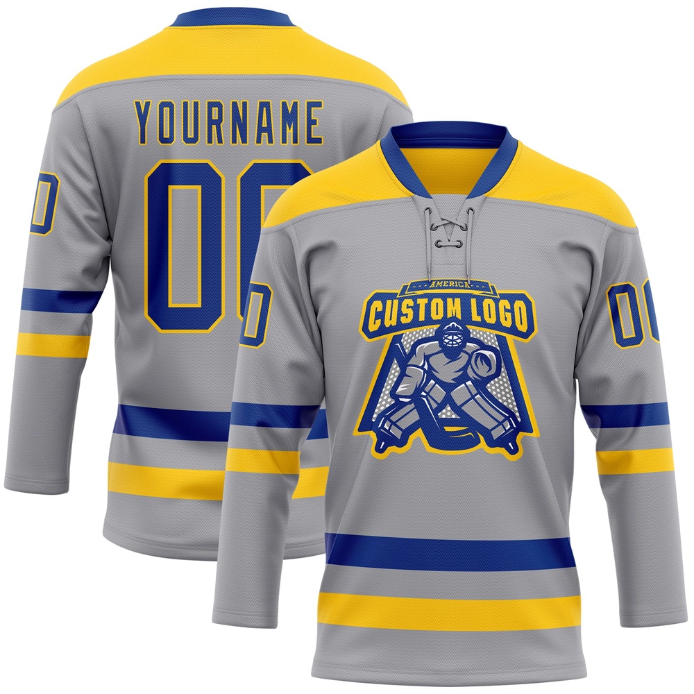 Custom Gray Royal Yellow Hockey Lace Neck Jersey, New Hockey Jersey, Personali Sport Team Jersey Shirt Custom Gray Royal Yellow Hockey Lace Neck Jersey, New Hockey Jersey, Personali Sport Team Jersey Shirt
