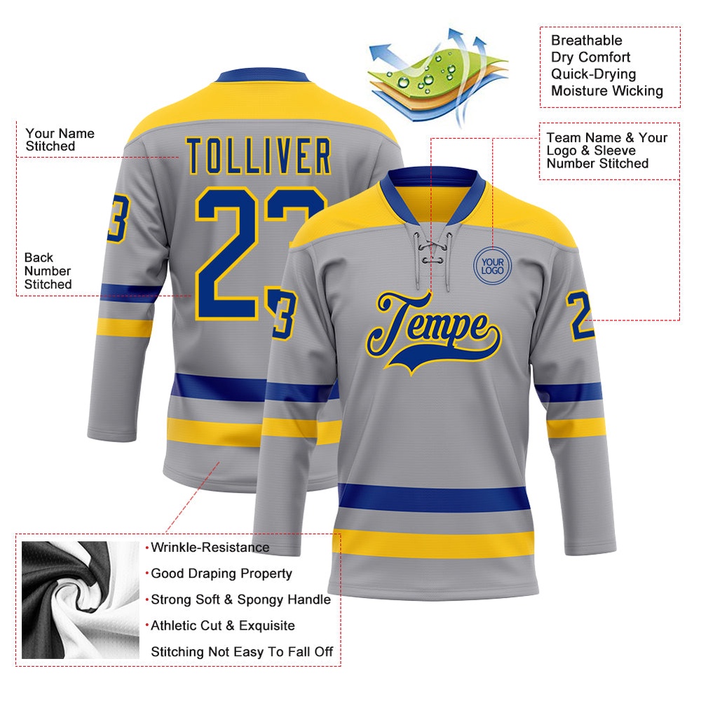 Custom Gray Royal Yellow Hockey Lace Neck Jersey, New Hockey Jersey, Personali Sport Team Jersey Shirt Custom Gray Royal Yellow Hockey Lace Neck Jersey, New Hockey Jersey, Personali Sport Team Jersey Shirt