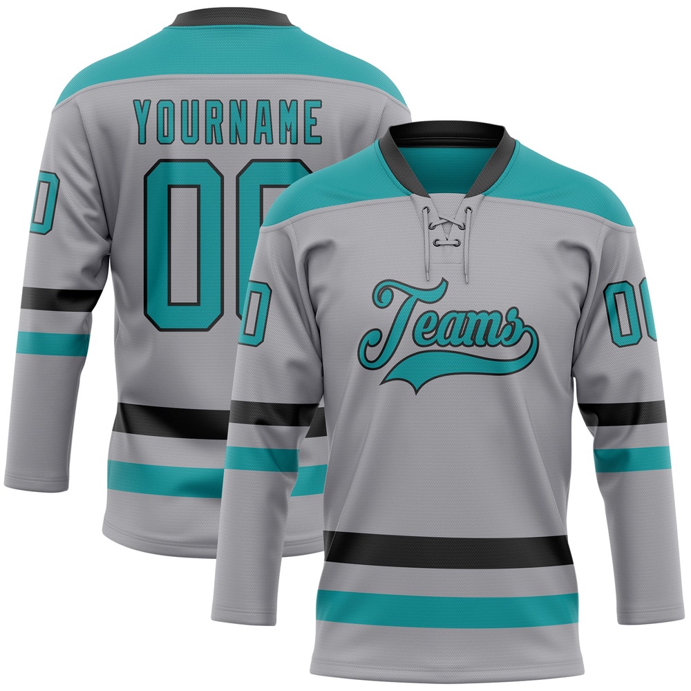 Custom Gray Teal Black Hockey Lace Neck Jersey, New Hockey Jersey, Personali Sport Team Jersey Shirt Custom Gray Teal Black Hockey Lace Neck Jersey, New Hockey Jersey, Personali Sport Team Jersey Shirt