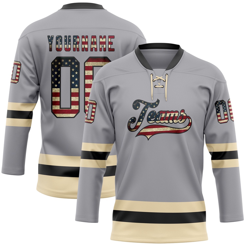 Custom Gray Vintage USA Flag Black Cream Hockey Lace Neck Jersey, New Hockey Jersey, Personali Sport Team Jersey Shirt Custom Gray Vintage USA Flag Black Cream Hockey Lace Neck Jersey, New Hockey Jersey, Personali Sport Team Jersey Shirt