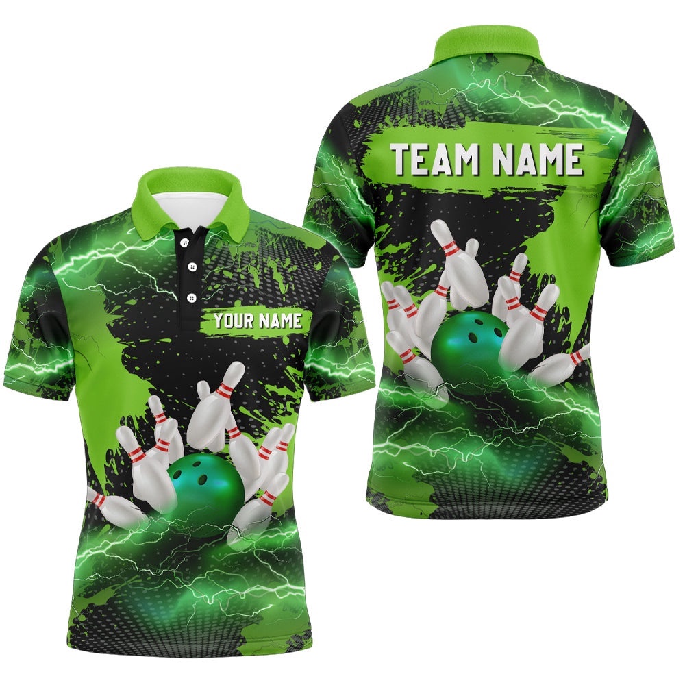 Custom Green Bowling Polo Shirts For Men & Women Lightning Thunder Bowling Team Polo Shirt, Personalized Bowling Team Shirt Custom Green Bowling Polo Shirts For Men & Women Lightning Thunder Bowling Team Polo Shirt, Personalized Bowling Team Shirt