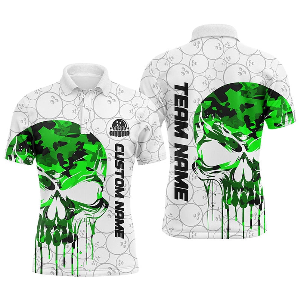 Custom Green Camo Skull Bowling Polo Shirts Men Team Bowling Polo Shirt Bowling League Outfit, Personalized Bowling Team Shirt Custom Green Camo Skull Bowling Polo Shirts Men Team Bowling Polo Shirt Bowling League Outfit, Personalized Bowling Team Shirt