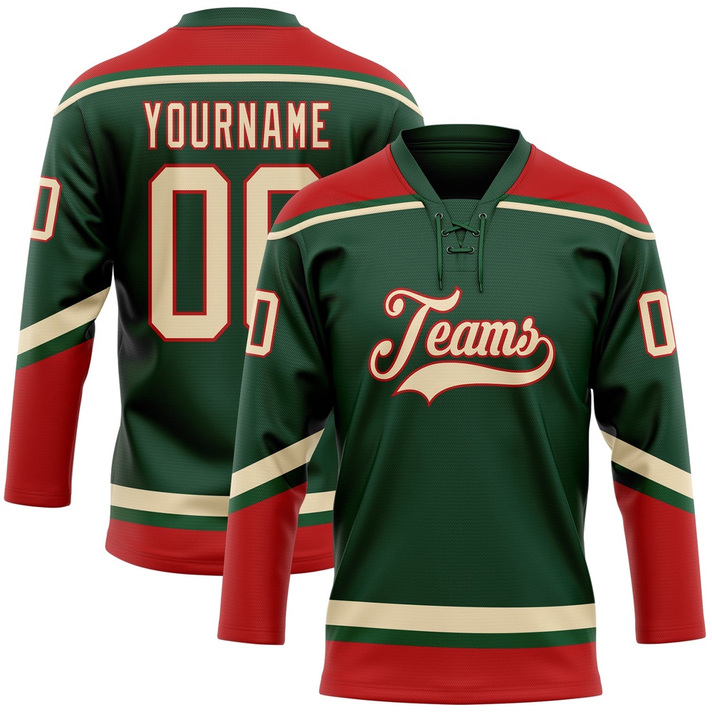 Custom Green City Cream Red Hockey Lace Neck Jersey, New Hockey Jersey, Personali Sport Team Jersey Shirt Custom Green City Cream Red Hockey Lace Neck Jersey, New Hockey Jersey, Personali Sport Team Jersey Shirt