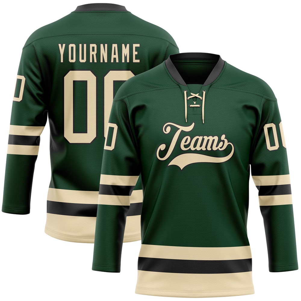 Custom Green Cream Black Hockey Lace Neck Jersey, New Hockey Jersey, Personali Sport Team Jersey Shirt Custom Green Cream Black Hockey Lace Neck Jersey, New Hockey Jersey, Personali Sport Team Jersey Shirt