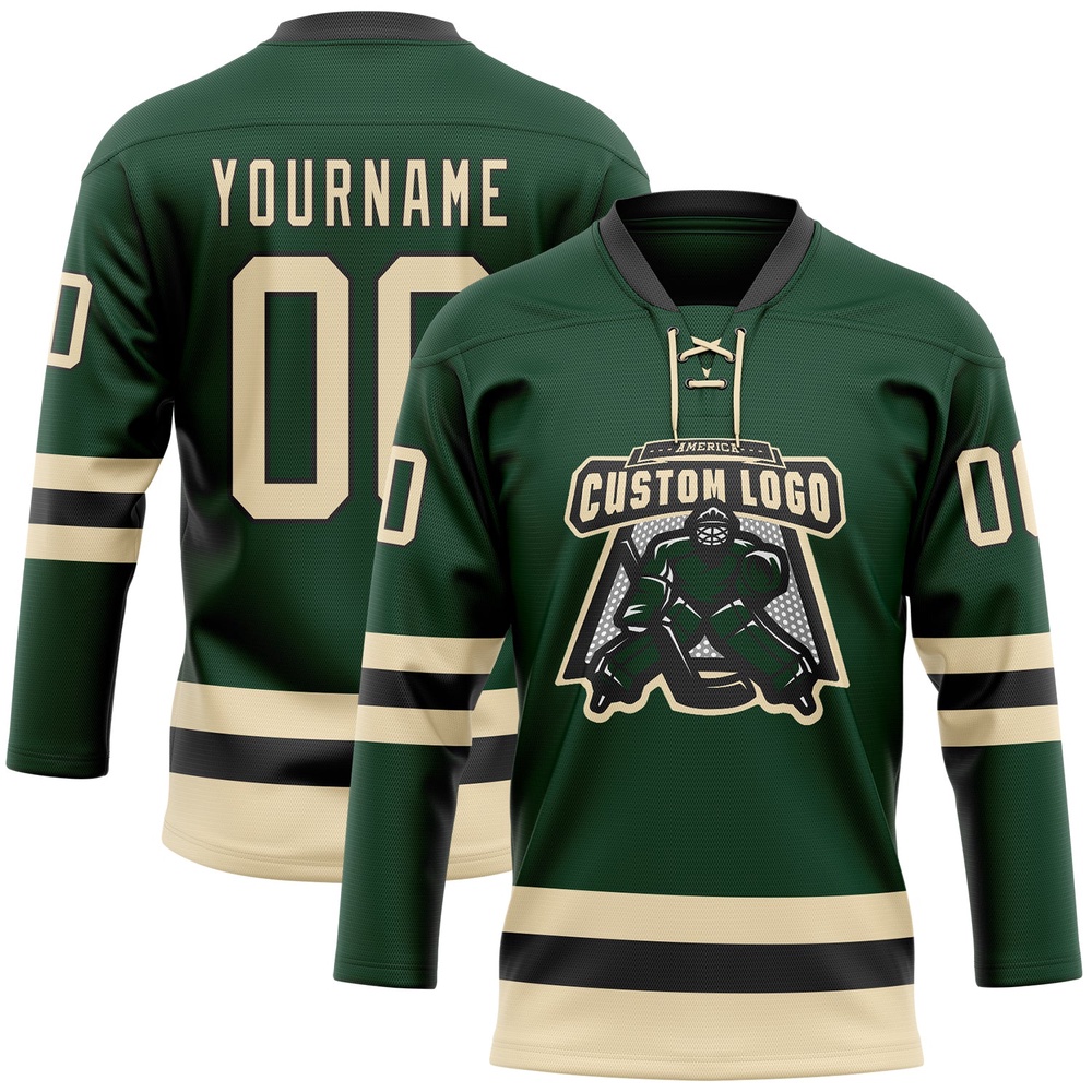 Custom Green Cream Black Hockey Lace Neck Jersey, New Hockey Jersey, Personali Sport Team Jersey Shirt Custom Green Cream Black Hockey Lace Neck Jersey, New Hockey Jersey, Personali Sport Team Jersey Shirt