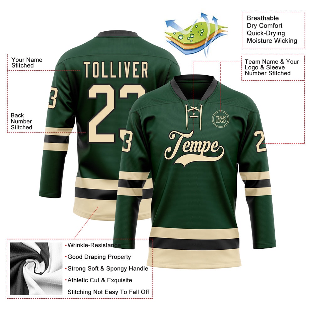 Custom Green Cream Black Hockey Lace Neck Jersey, New Hockey Jersey, Personali Sport Team Jersey Shirt Custom Green Cream Black Hockey Lace Neck Jersey, New Hockey Jersey, Personali Sport Team Jersey Shirt