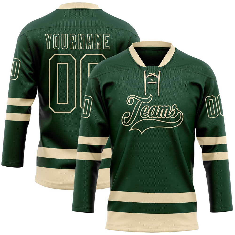 Custom Green Cream Hockey Lace Neck Jersey, New Hockey Jersey, Personali Sport Team Jersey Shirt Custom Green Cream Hockey Lace Neck Jersey, New Hockey Jersey, Personali Sport Team Jersey Shirt