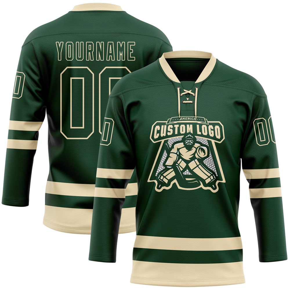 Custom Green Cream Hockey Lace Neck Jersey, New Hockey Jersey, Personali Sport Team Jersey Shirt Custom Green Cream Hockey Lace Neck Jersey, New Hockey Jersey, Personali Sport Team Jersey Shirt