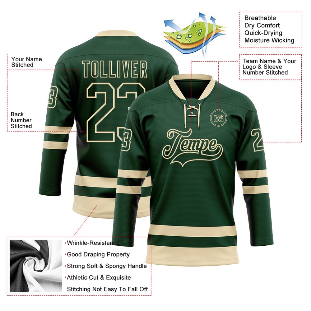 Custom Green Cream Hockey Lace Neck Jersey, New Hockey Jersey, Personali Sport Team Jersey Shirt Custom Green Cream Hockey Lace Neck Jersey, New Hockey Jersey, Personali Sport Team Jersey Shirt